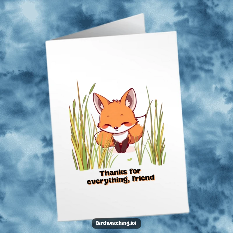 Funny Free Printable Thank You Card showing a smiling fox creeping in grass, expressing gratitude.