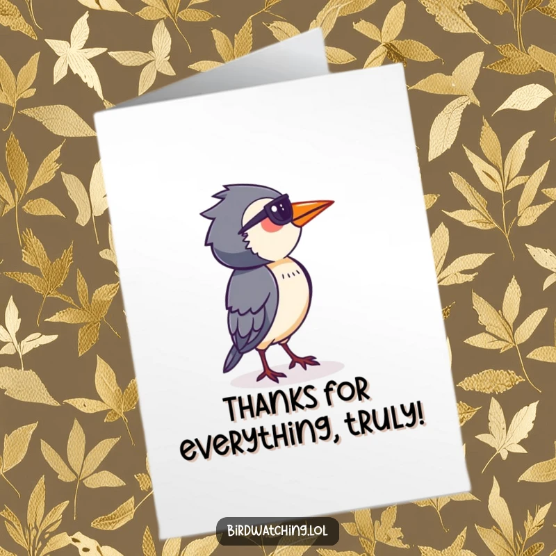 Funny Free Printable Thank You Card: Determined bird watcher surveying horizon intently, spotting kindness, a humorous downloadable thank you.