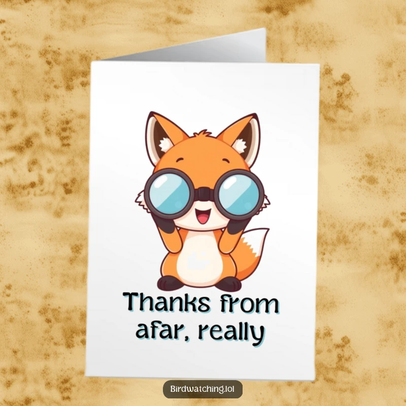 Funny Free Printable Thank You Card, a happy fox peeking through binoculars, symbolizing that their kindness has been noticed and appreciated.