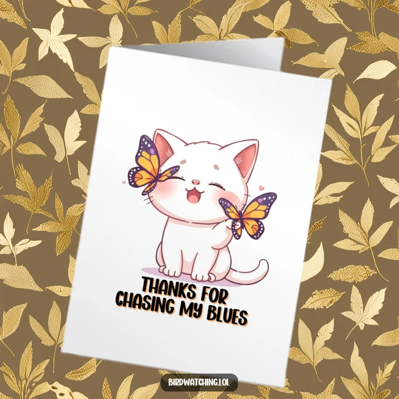 Funny Free Printable Thank You Card: A giggling cat playfully interacts with a colorful butterfly, a fun way to say thanks.