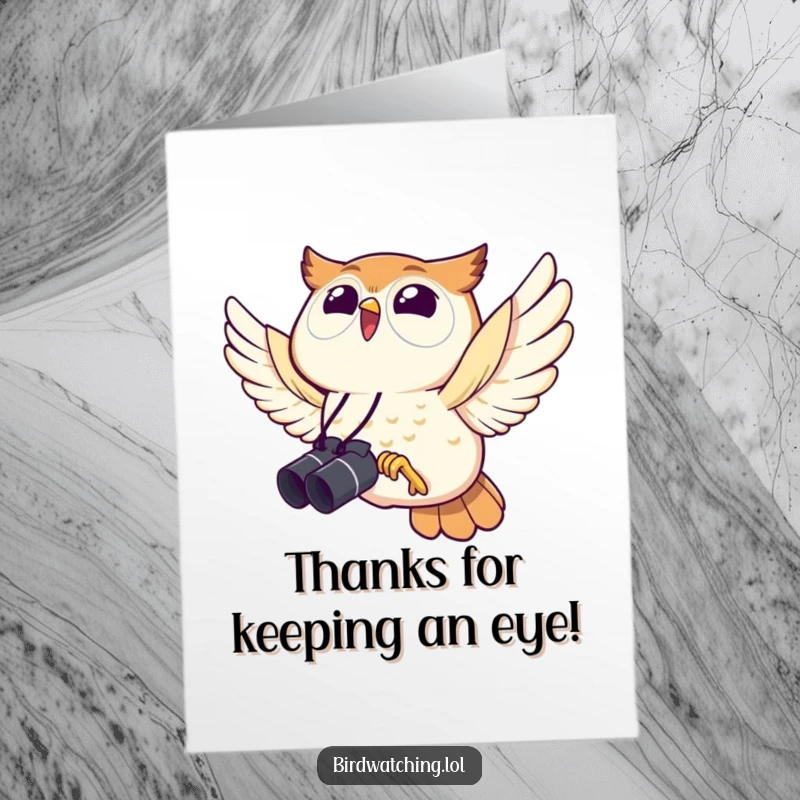 Funny Free Printable Thank You Card: Grateful owl peers through binoculars, sending thanks with a smile.