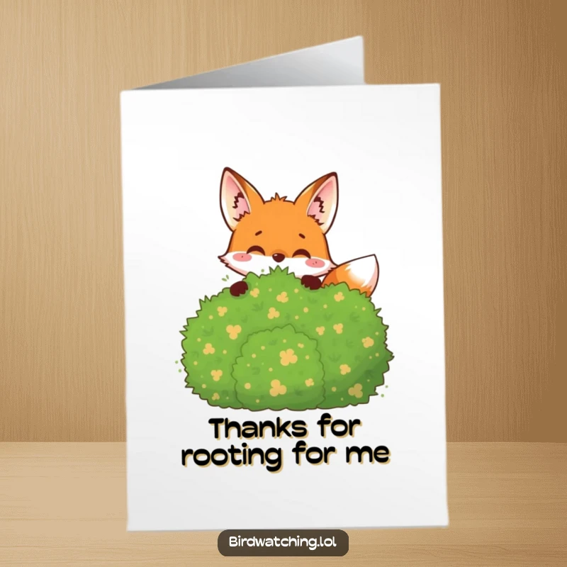 Funny Free Printable Thank You Card: Joyful fox peeking from behind a bush, observing with a thankful expression.