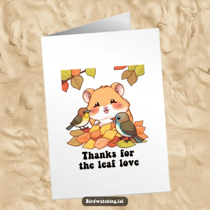 Funny Free Printable Thank You Card: Giggling hamster peeking over leaves at a bird, a humorous downloadable thank you.