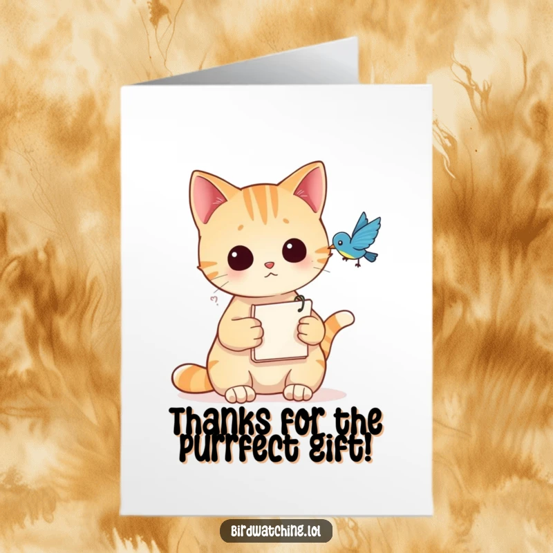 Funny free printable thank you card featuring a curious cat holding a notepad, observing a bird with thanks.
