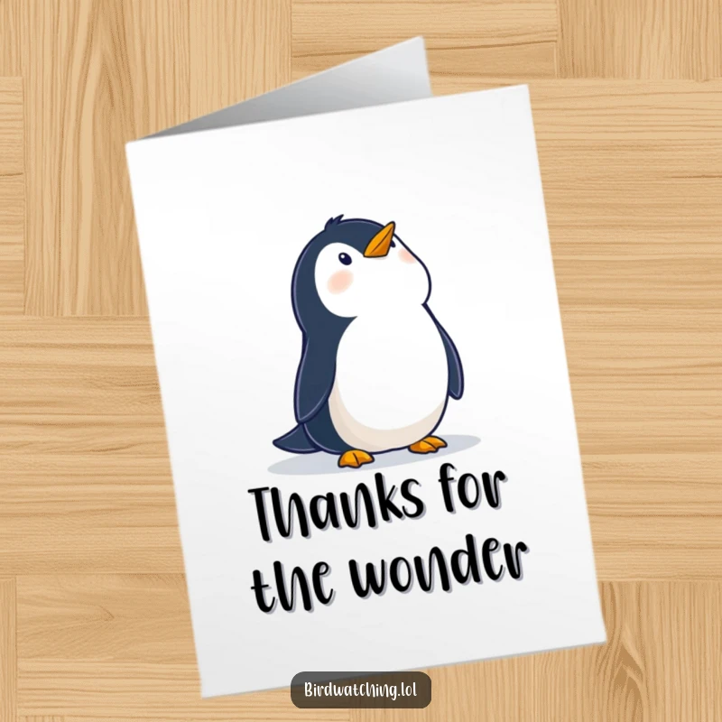 Funny Free Printable Thank You Card: A wobbly penguin looking up in wonder at the sky, a humorous downloadable thank you.