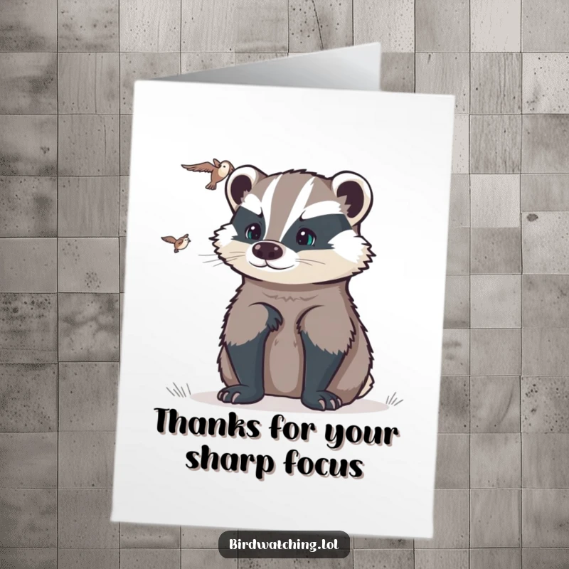 Funny Free Printable Thank You Card: A determined badger intently watches, conveying strong and focused gratitude.