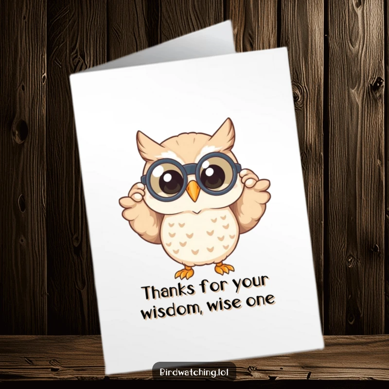Funny Free Printable Thank You Card: Happy owl peeks through binoculars with a wide smile, spotting something to be thankful for.