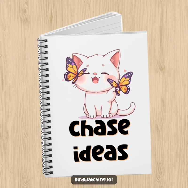 Funny notebook cover with a giggling cat playfully interacting with a colorful butterfly.