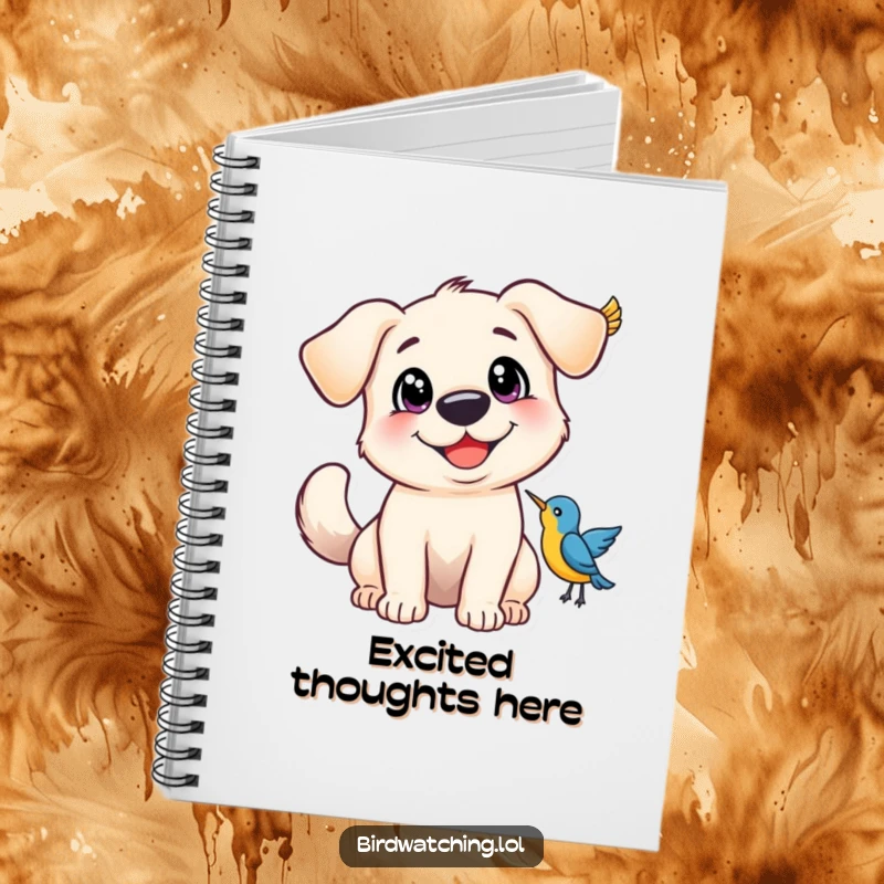 Funny Notebook with a happy dog, wide eyes and wagging tail, observing a bird, perfect for journaling.