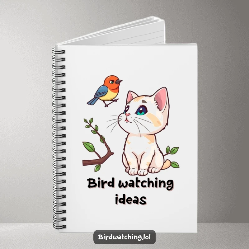 Funny notebook with a curious cat watching a bird on a branch, perfect for jotting down observations.