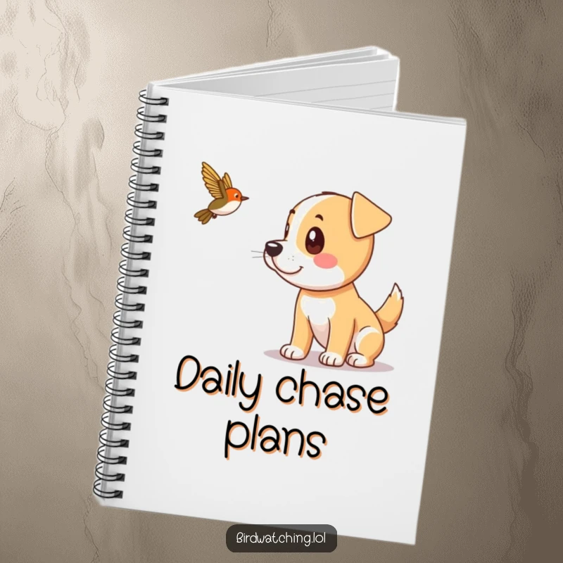 Funny playful dog spotting a bird with ears perked, perfect notebook for jotting down ideas.