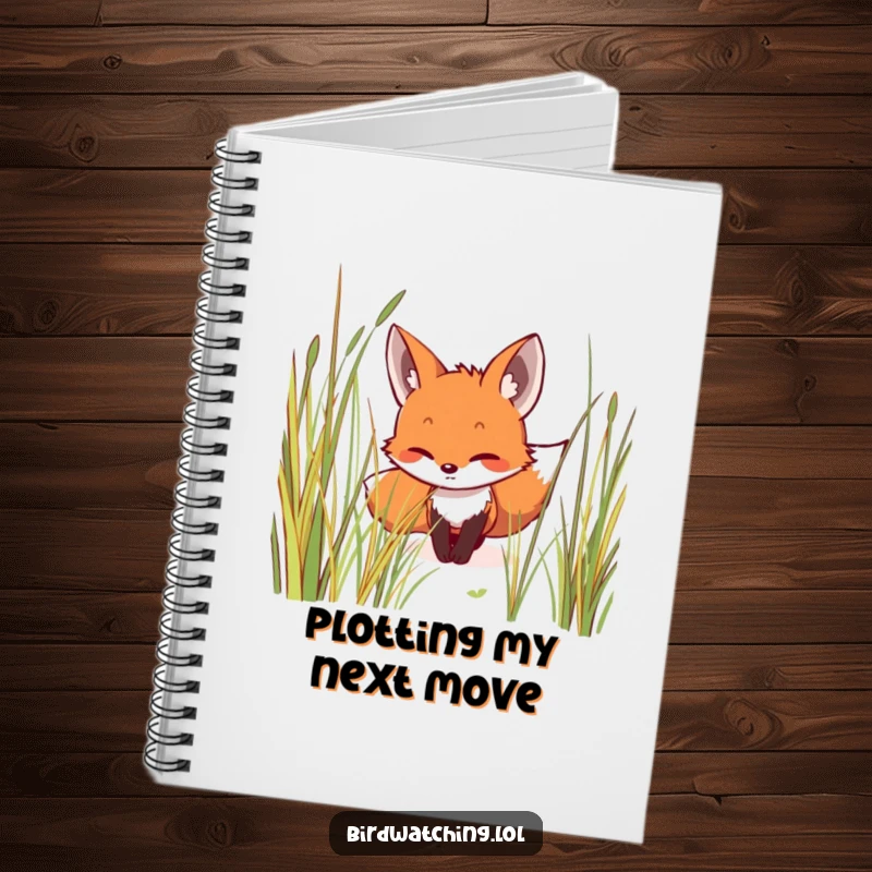 Funny notebook cover featuring a smiling fox creeping stealthily through tall grass, focused and observant, ideal for notes and ideas, great gift.