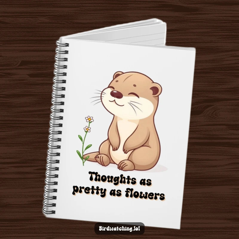 Funny content otter notebook, sitting peacefully, observing flower, perfect for notes and reflections, humorous gift.