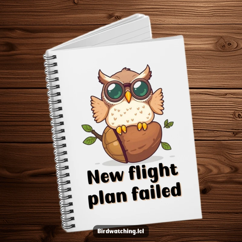 Funny notebook cover with a plump owl wearing oversized binoculars crashing into a giant acorn, perfect for jotting down humorous thoughts.