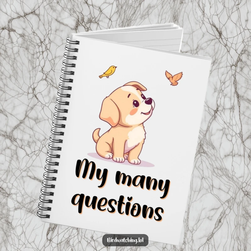 Funny notebook cover featuring a playful puppy tilting its head attentively at a distant bird.