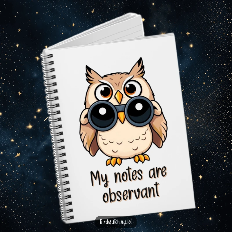 Funny notebook cover featuring a surprised owl with big, wide eyes, using binoculars to observe the world.