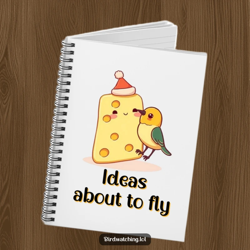 Funny notebook cover with a slice of cheese wearing a tiny hat, about to be pecked by a curious bird, great for jotting down funny notes.
