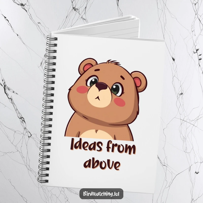 Funny notebook cover featuring a determined bear gazing upwards in wonder, mouth agape, ideal for notes and creative thinking, great gift.
