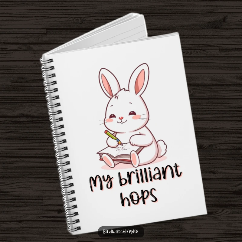 Funny notebook with a cheerful rabbit writing in a journal, perfect for writers and note-takers.