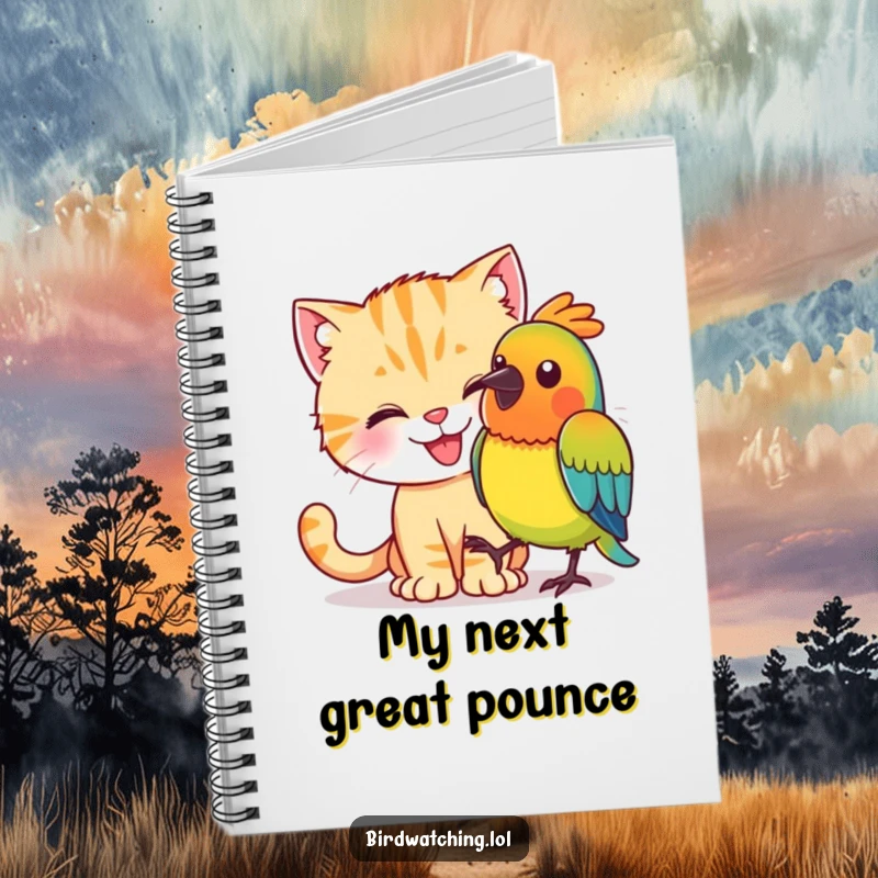 Funny happy cat trying to sneak up on a colorful bird, perfect notebook for jotting down ideas.