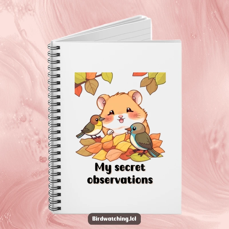 Funny notebook cover with a giggling hamster observing a bird from behind leaves, ideal for jotting down ideas with a smile.