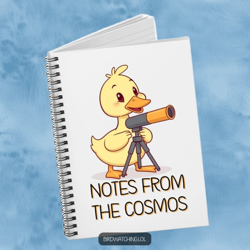 Funny duck telescope notebook, wobbly duck balancing, perfect for notes and discoveries, humorous gift.