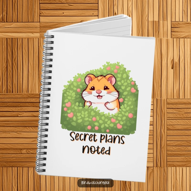 Funny giggling hamster notebook cover featuring a hamster hiding behind a bush, perfect for recording playful thoughts and funny ideas.