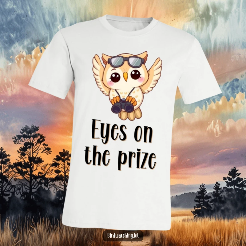 Funny Owl Birdwatcher T-Shirt: Joyful owl flying with binoculars, showing a passion for discovery and nature.