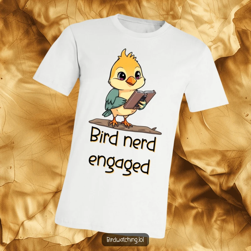 Funny, focused bird watcher with a sketchbook, capturing nature's beauty on a comfortable t-shirt.