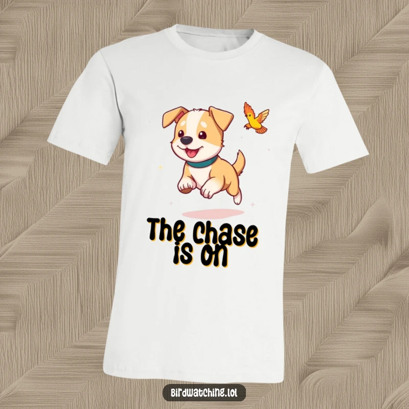 Funny dog t-shirt, actively chasing a small flitting bird, showcasing pure canine exuberance and a playful nature.