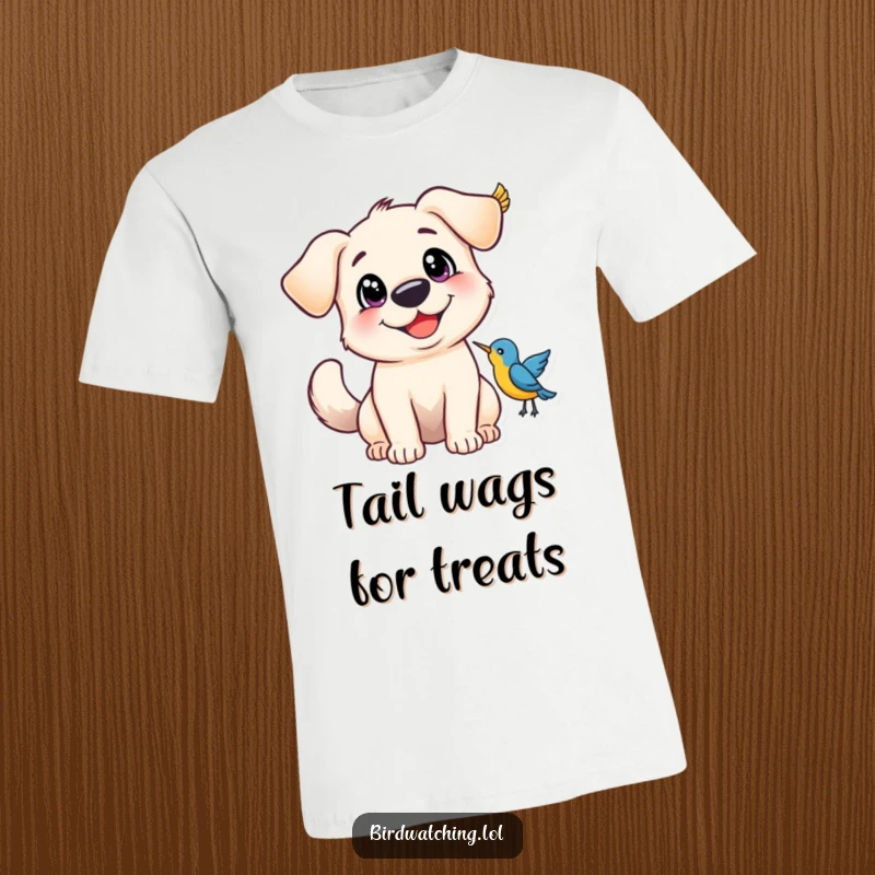 Funny T-Shirt with a happy dog, wide-eyed and tail wagging excitedly at a bird.