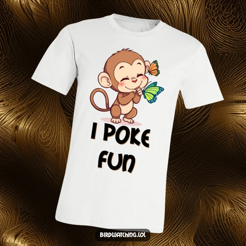 Funny monkey tickle t-shirt, a playful monkey reaching out to tickle a butterfly flutter by, full of joy.