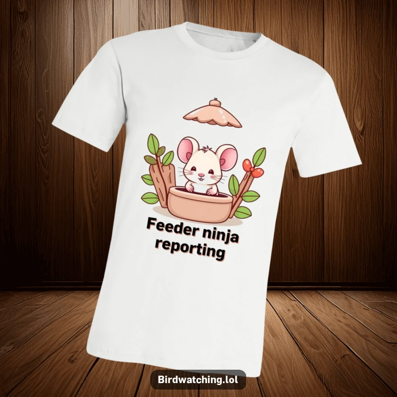Funny Mouse T-Shirt: A silly mouse peeks from behind a bird feeder, looking mischievous. Perfect gift.