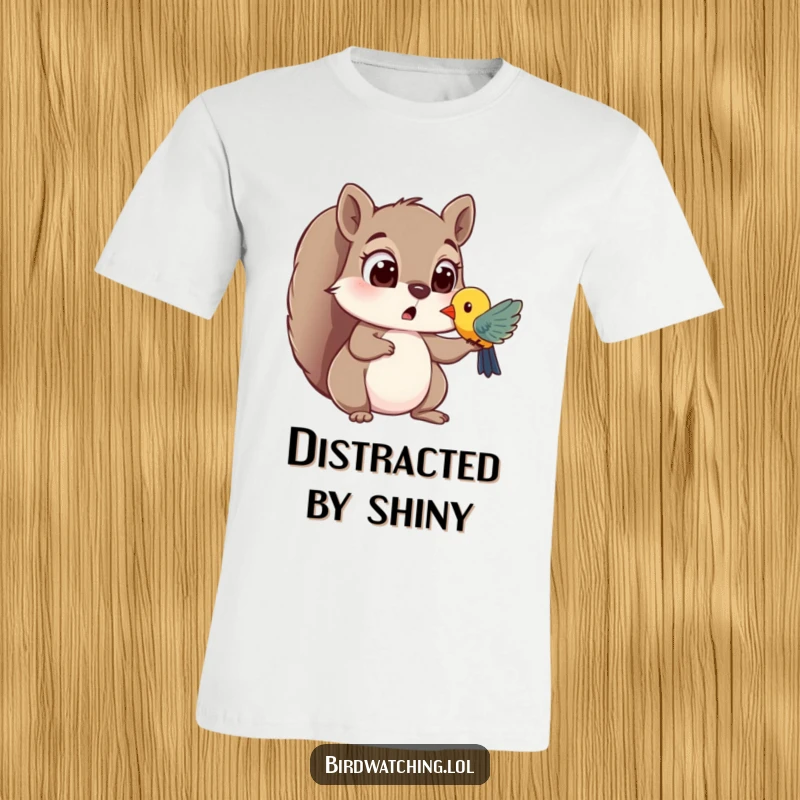 Funny t-shirt with a surprised squirrel with wide eyes spotting a colorful bird, capturing a moment of unexpected delight and curiosity.