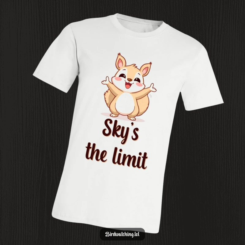 Funny squirrel t-shirt, joyfully gesturing wildly upwards, capturing a moment of spontaneous happiness and excitement.