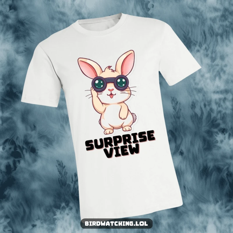 Funny surprised rabbit t-shirt showing a curious bunny with binoculars, eyes wide in astonishment, perfect for casual wear.
