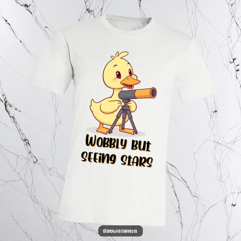 Funny wobbly duck t-shirt, balancing telescope, humorous observation, unique and funny, perfect gift.