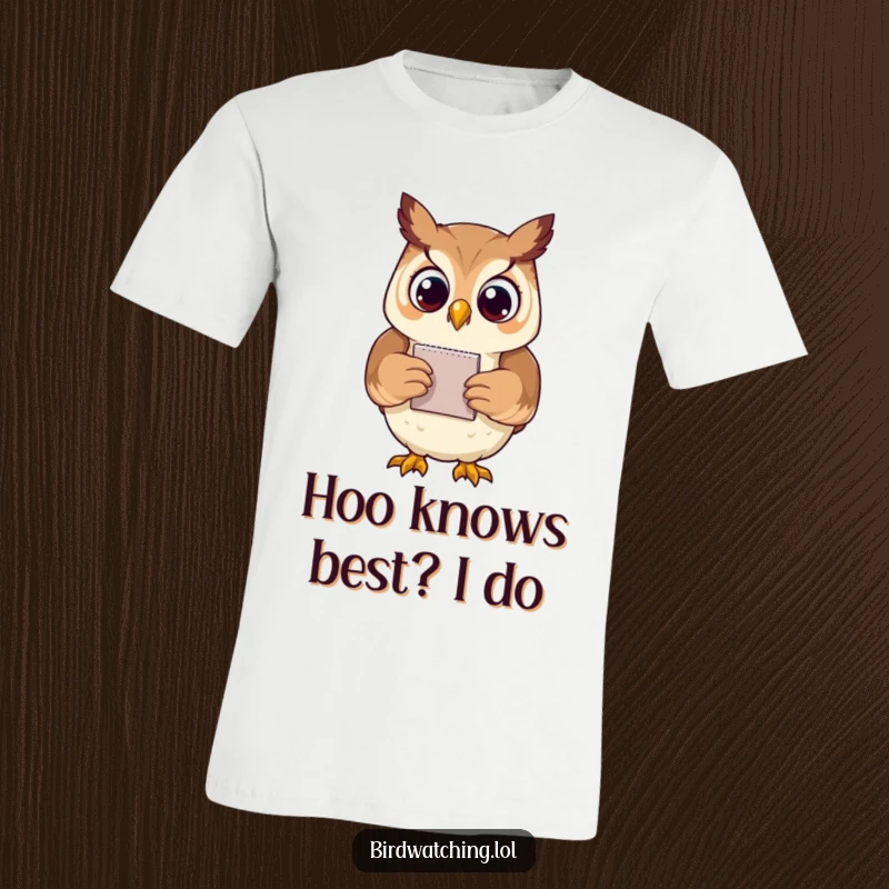 Funny proud owl t-shirt character holding a miniature notepad, conveying intelligent humor and organizational pride, a great gift.