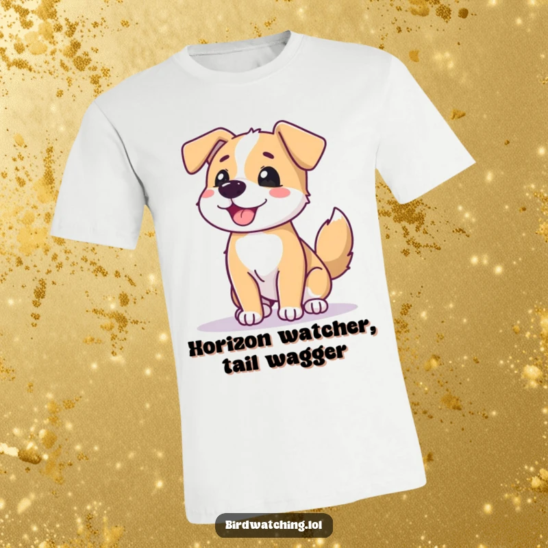 Funny beaming dog t-shirt, wagging tail, scanning horizon, joyful and energetic, perfect funny gift.