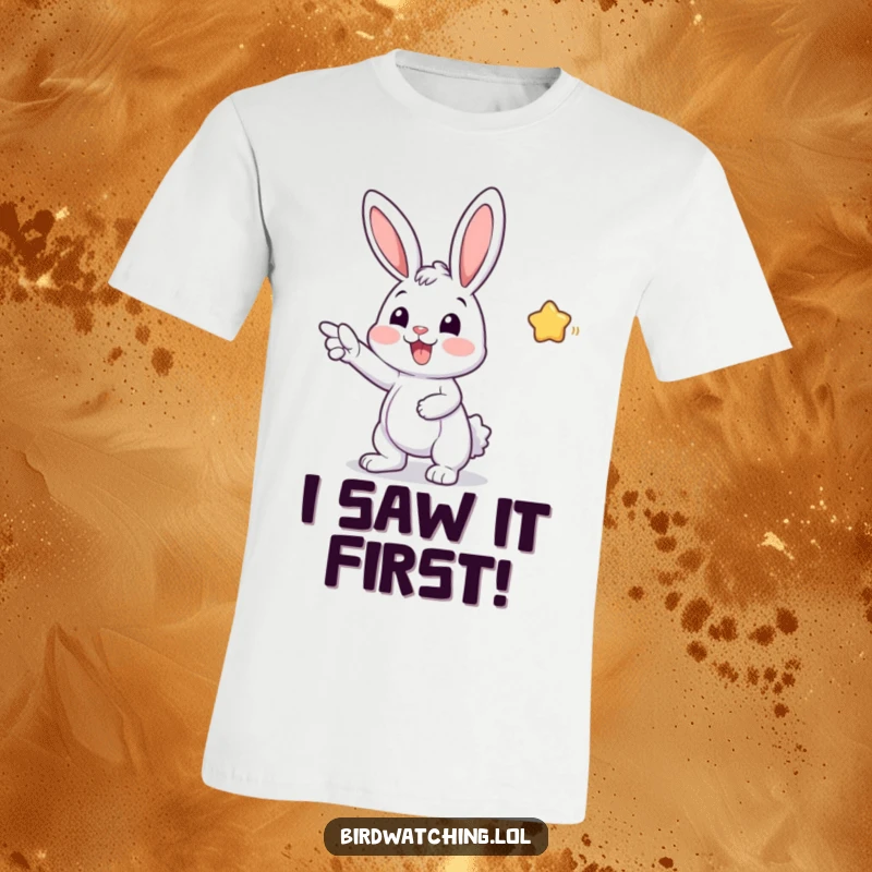 Funny t-shirt showing a cheerful bunny pointing excitedly into the distance, full of wonder and happiness, a delightful design for gifts.