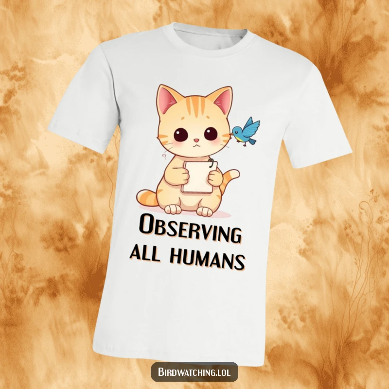 Funny T-Shirt with a curious cat holding a notepad, discreetly observing a bird with intrigue.