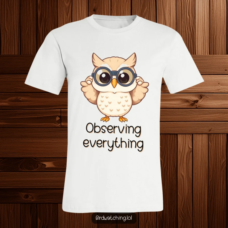 Funny t-shirt with a happy owl peeking through binoculars with a wide smile, capturing a moment of enthusiastic discovery and joy.