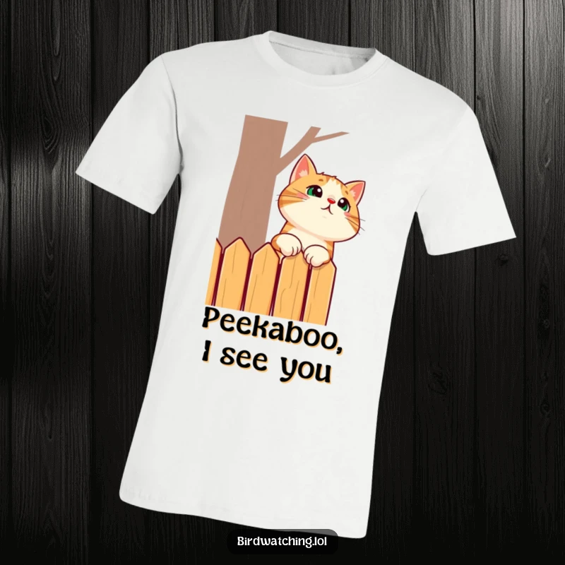 Funny t-shirt with a surprised cat arching its neck high over a fence, expressing pure curiosity and playful eavesdropping.