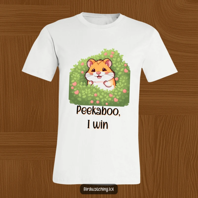 Funny giggling hamster t-shirt of a hamster peeking from behind a bush, representing playful secrets and infectious laughter.