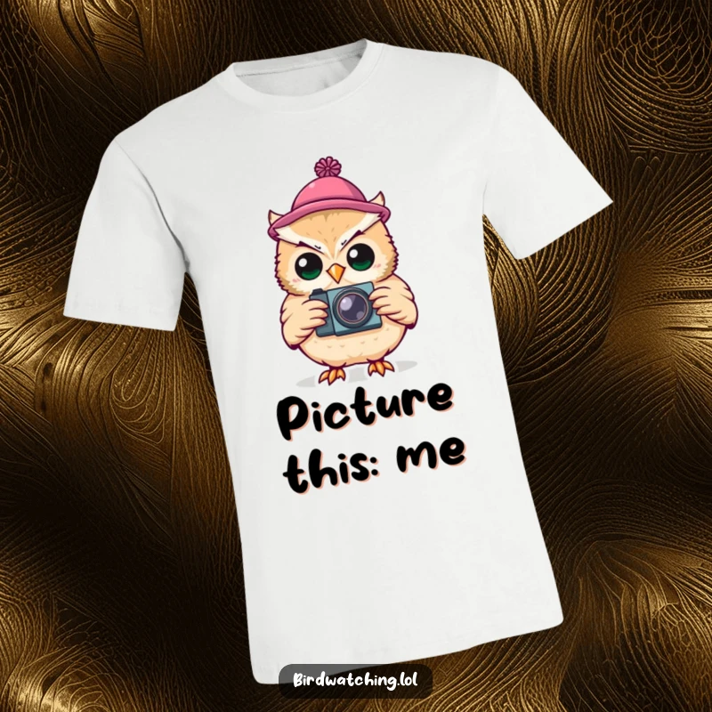Funny T-Shirt: A silly owl wearing a tiny hat, holding a camera, ready to capture funny moments.