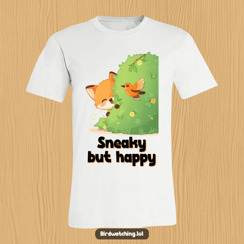 Funny Fox T-Shirt: A joyful fox hiding behind a bush, peeking out to watch a bird with mischievous delight.