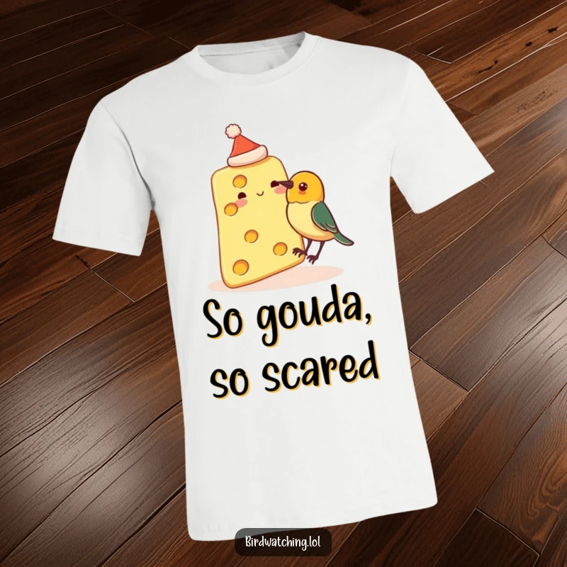 Funny t-shirt print of a slice of cheese wearing a tiny hat, facing an imminent peck from a curious bird, a humorous food fantasy.