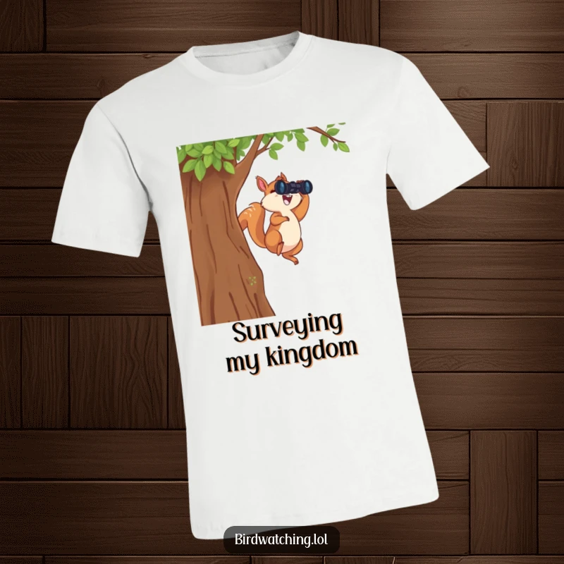 Funny Leaping Squirrel T-Shirt: An energetic graphic of a squirrel mid-leap with binoculars, symbolizing fun and exploration.