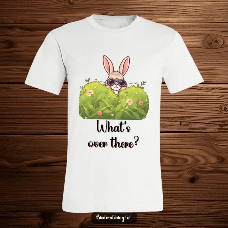 Funny Curious Rabbit T-Shirt: A humorous graphic of a rabbit peeking with binoculars, symbolizing curiosity and nature observation.