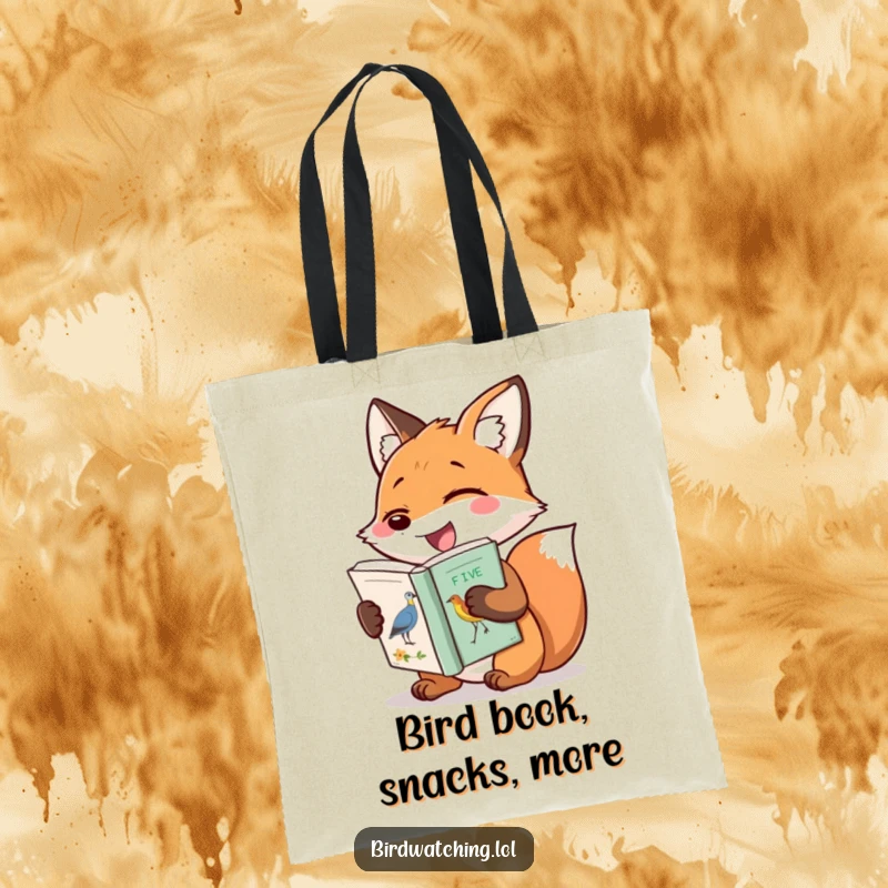 Funny tote bag with a gleeful fox clutching a bird identification book, perfect for carrying groceries or books with a smile.
